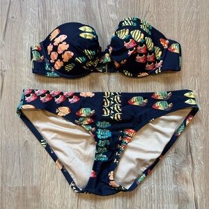 J. Crew Blue Bikini with Yellow, Orange, Green and Blue Fish Print
